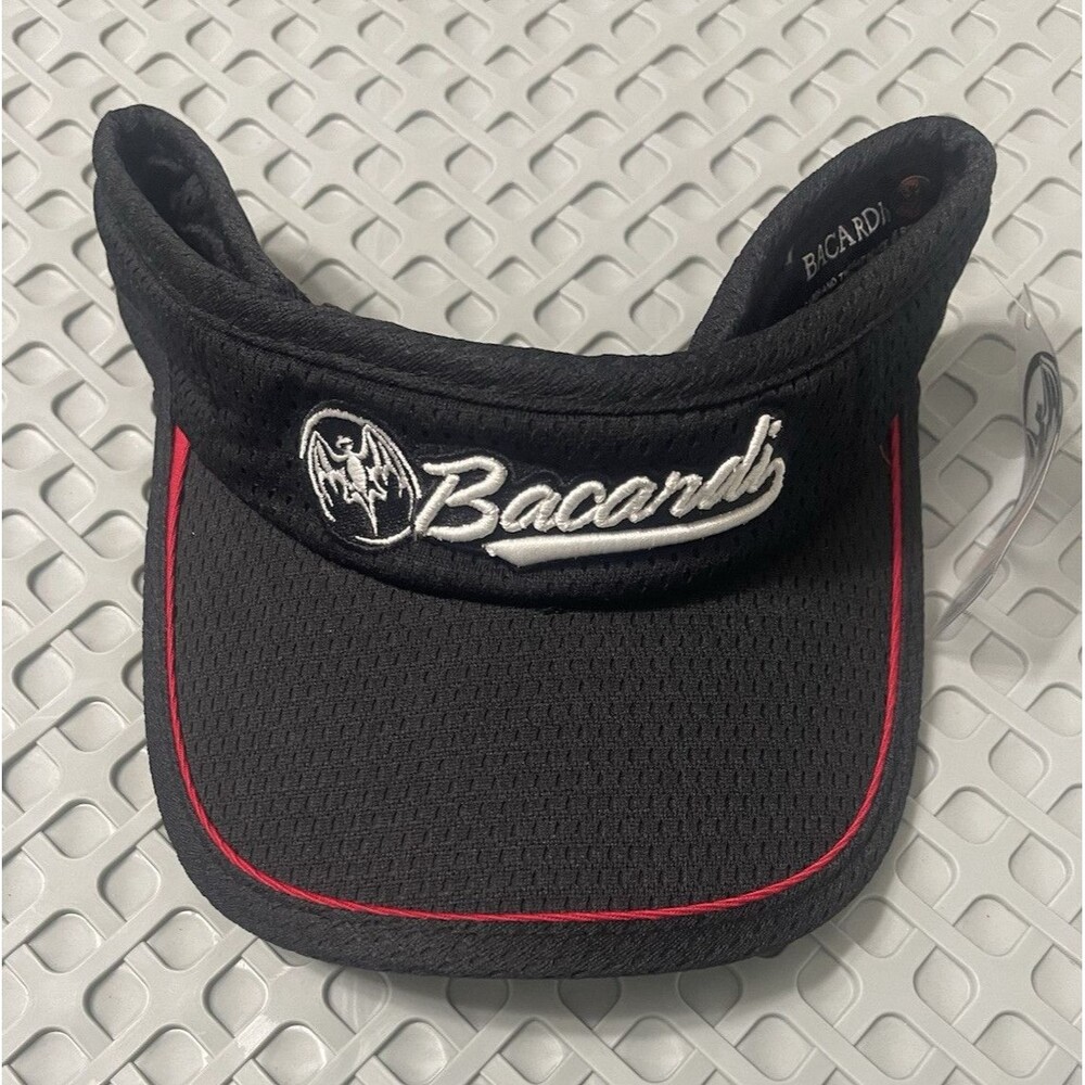 Bacardi Black Visor Hat Embroidered Bat Logo, Red Trim, White Accents